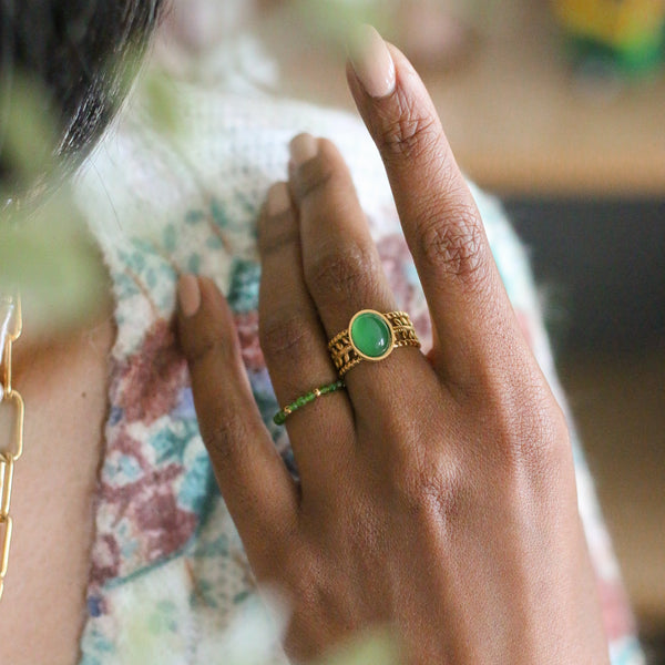 bague acier laurier agate verte inoxydable