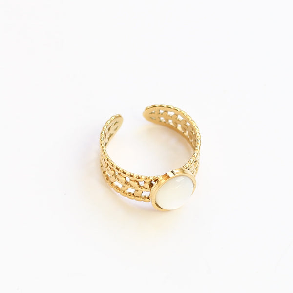 bague acier laurier nacre doré