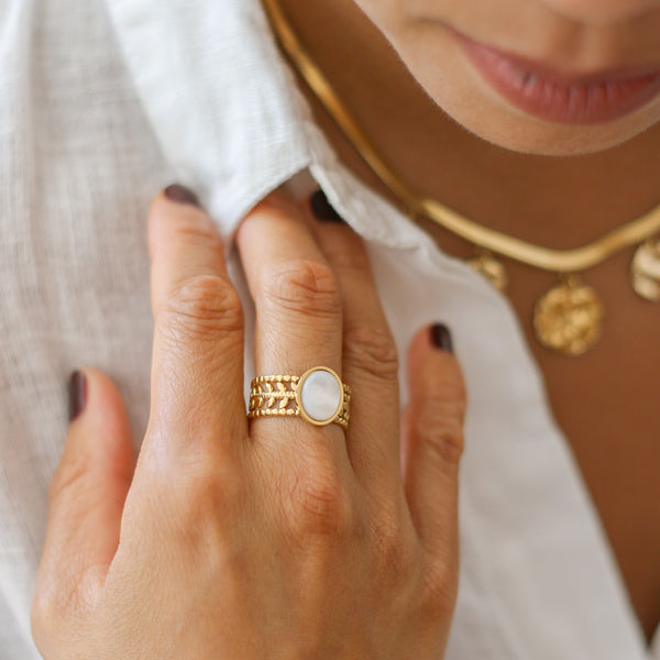 bague acier laurier nacre femme