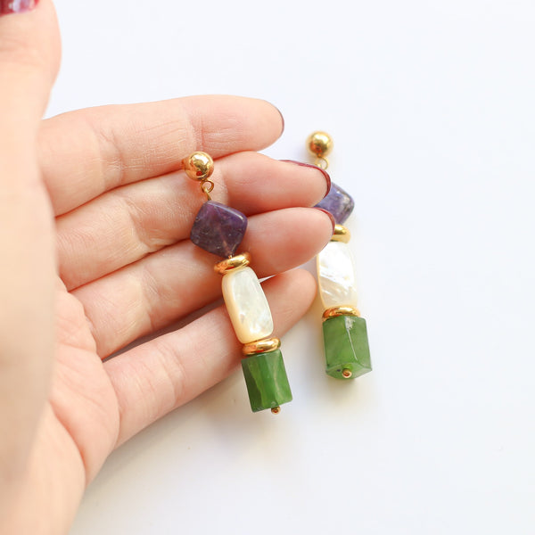 boucles lépidolite nacre jadéite acier cadeau