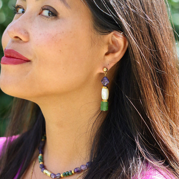 boucles lépidolite nacre jadéite acier doré