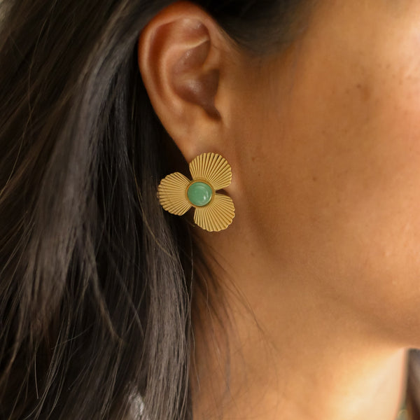 boucles oreilles flora acier aventurine doré