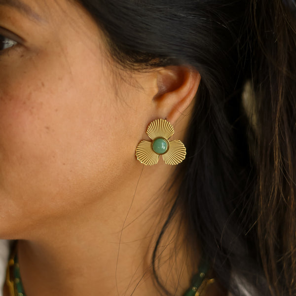 boucles oreilles flora acier aventurine doré