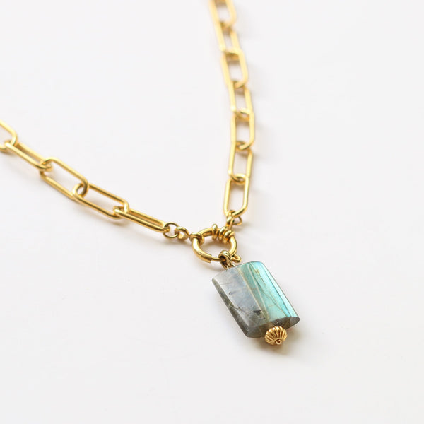collier chaine trombone acier labradorite gemme