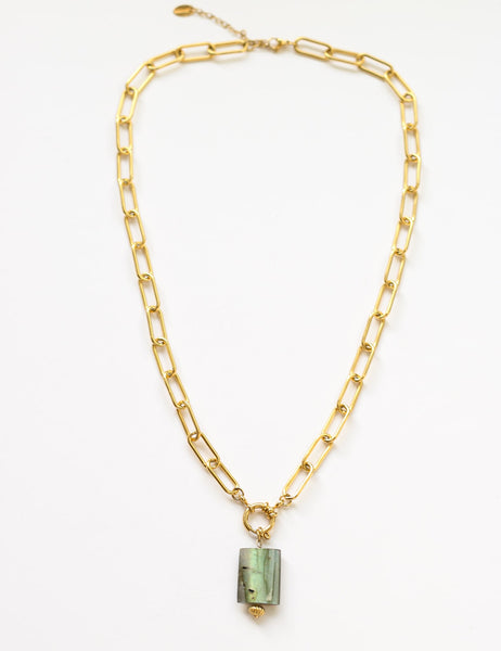 collier chaine trombone acier labradorite doré