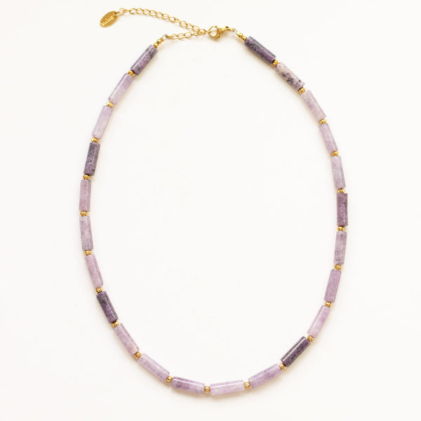 collier lépidolite lavande acier violet bijou