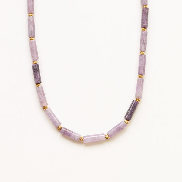 collier lépidolite lavande acier violet gemme