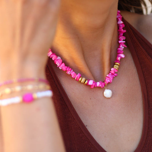 collier nacre fuschia perle createur acier