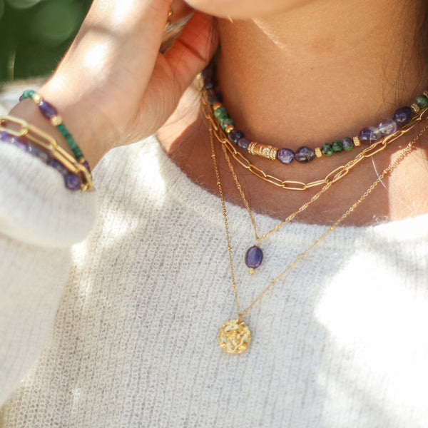 collier scintillant dore pendentif améthyste cadeau