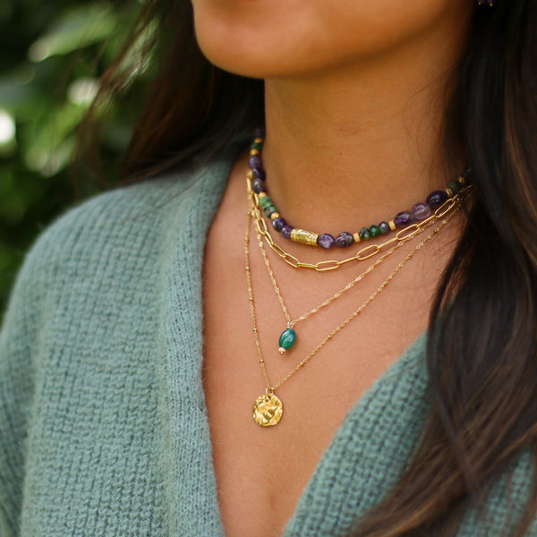collier scintillant dore agate verte cadeau