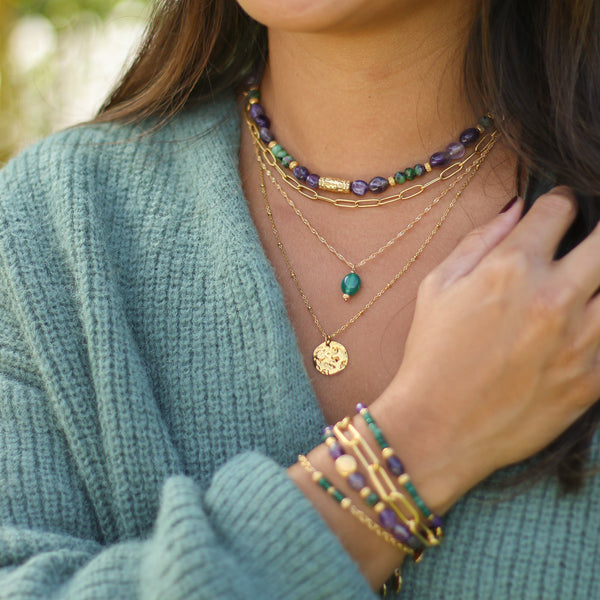 collier scintillant dore agate verte créateur