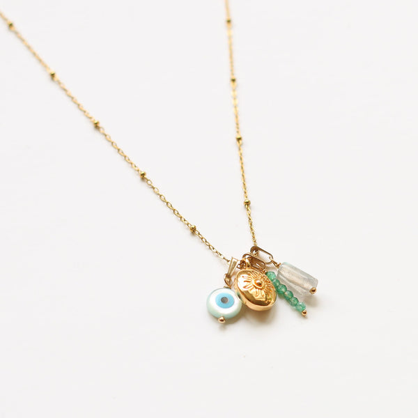 collier soleil œil vert labradorite or
