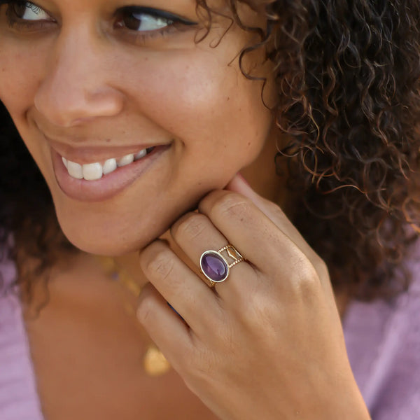 Bague créateur Améthyste Acier inoxydable portée