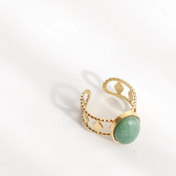 Bague créateur aventurine acier inoxydable dessus