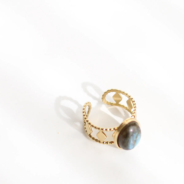 Bague créateur Labradorite acier inoxydable dessus