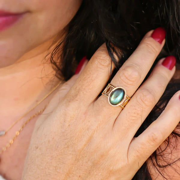Bague créateur Labradorite acier inoxydable reflet