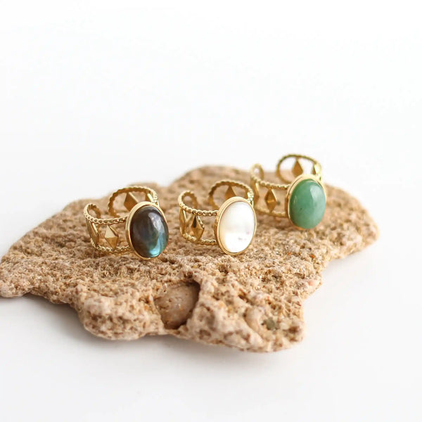 Bague créateur aventurine labradorite nacre