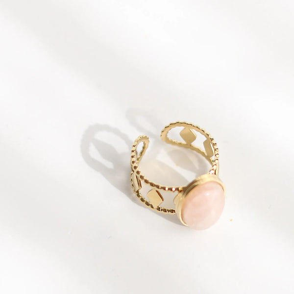 Bague créateur Quartz Rose acier inoxydable dessus