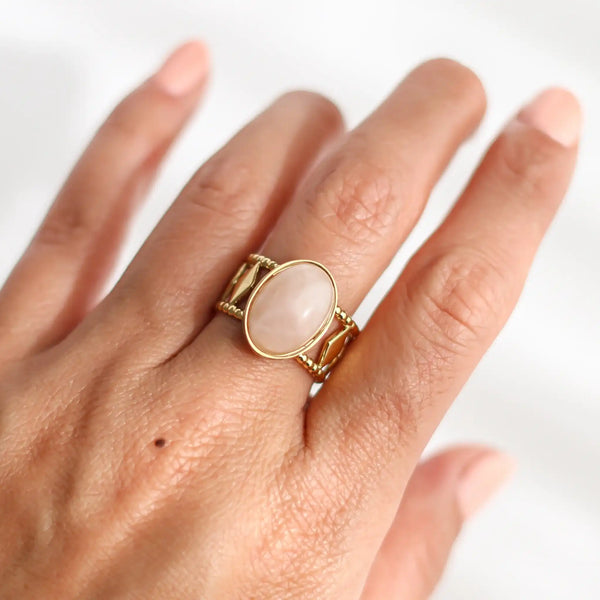 Bague acier inoxydable quartz rose / Tourmalyn Bijoux