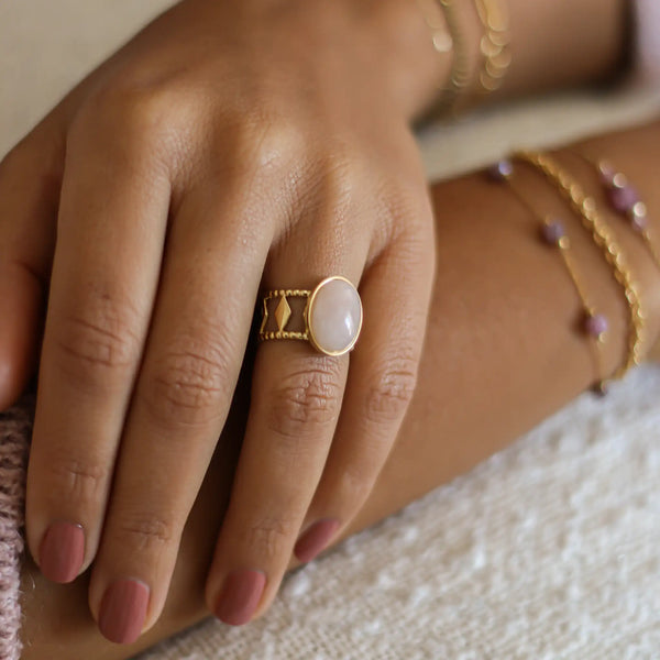 Bague créateur Quartz Rose acier inoxydable lithothérapie