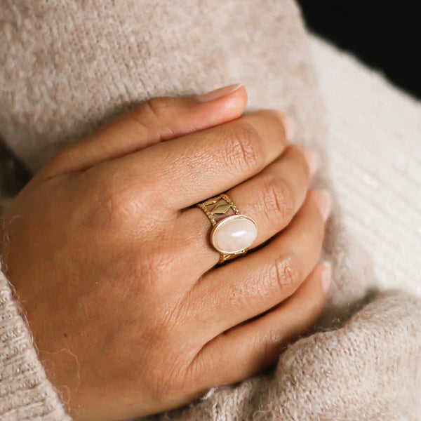 Bague créateur Quartz Rose acier inoxydable porté