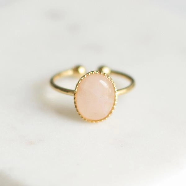 Bague Faite Main Quartz Rose Ovale - Monture Laiton Argenté, Taille 7.75, NEUVE