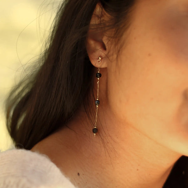 Boucles d'oreilles chaîne acier spinelle noire portée
