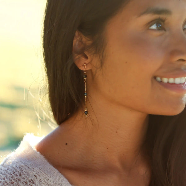 Boucles d'oreilles chaîne acier spinelle noire bijoux