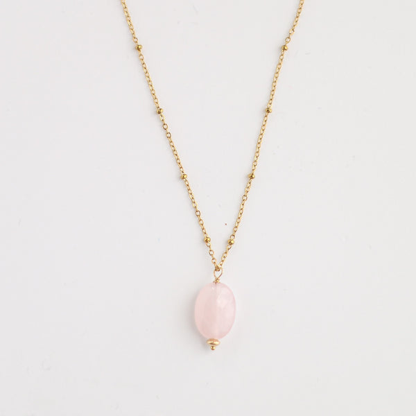 collier fin acier quartz rose face