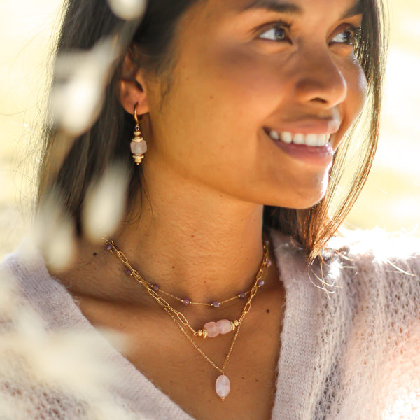 collier fin acier quartz rose sublime