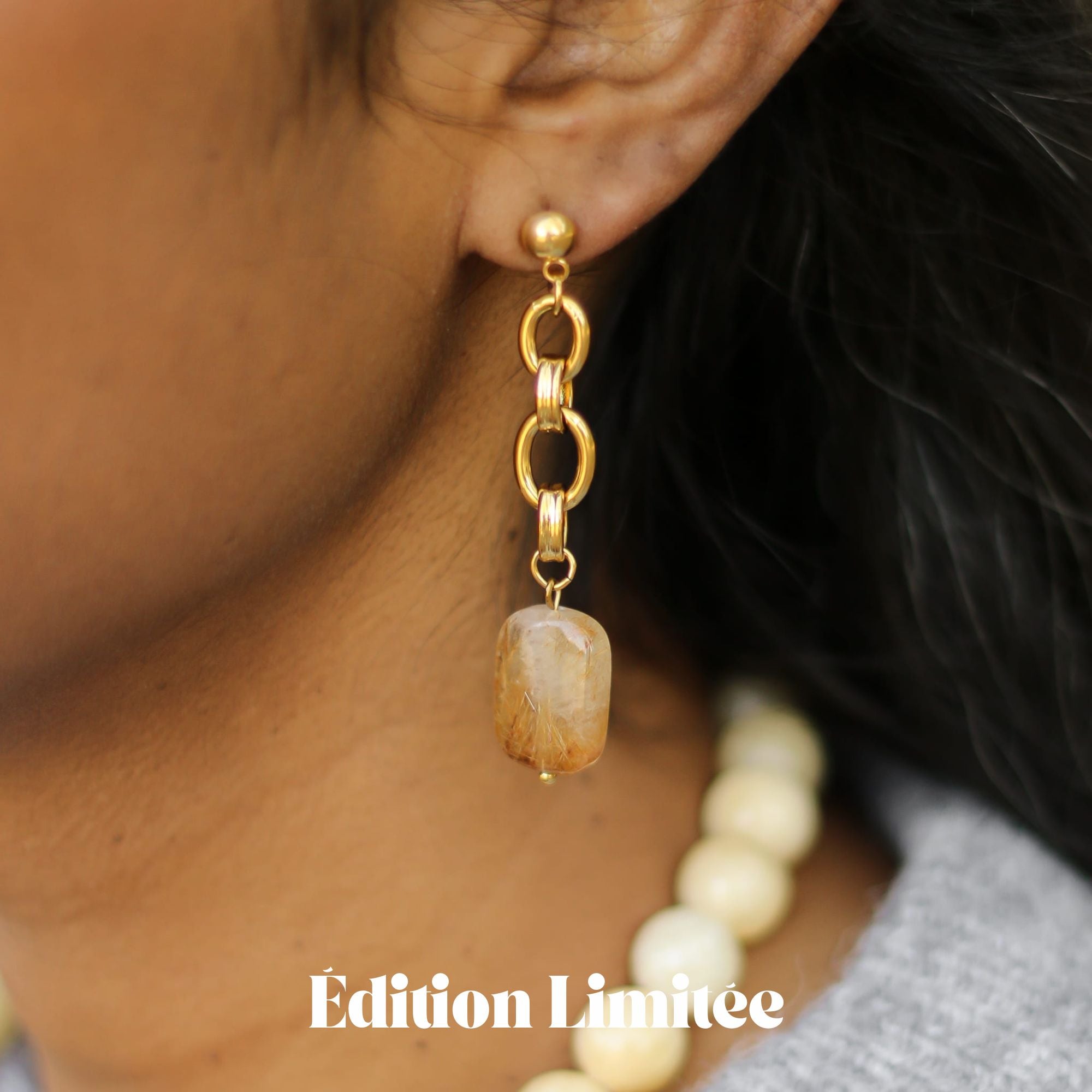 Boucles d'oreilles Quartz rutile chaîne