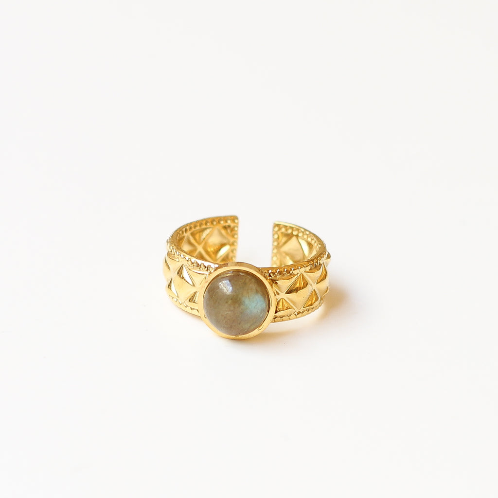 bague labradorite diamant acier pierre grise