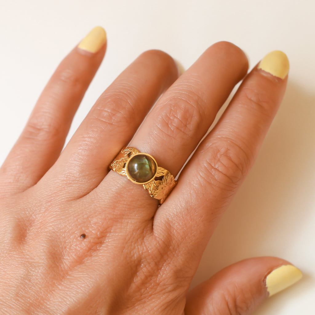 bague labradorite feuille acier pierre précieuse