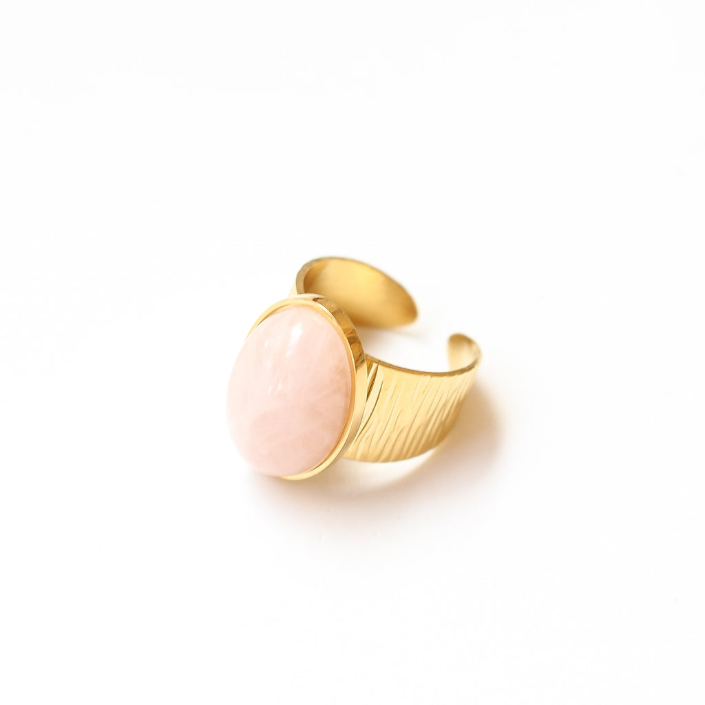 bague quartz rose grande acier doré