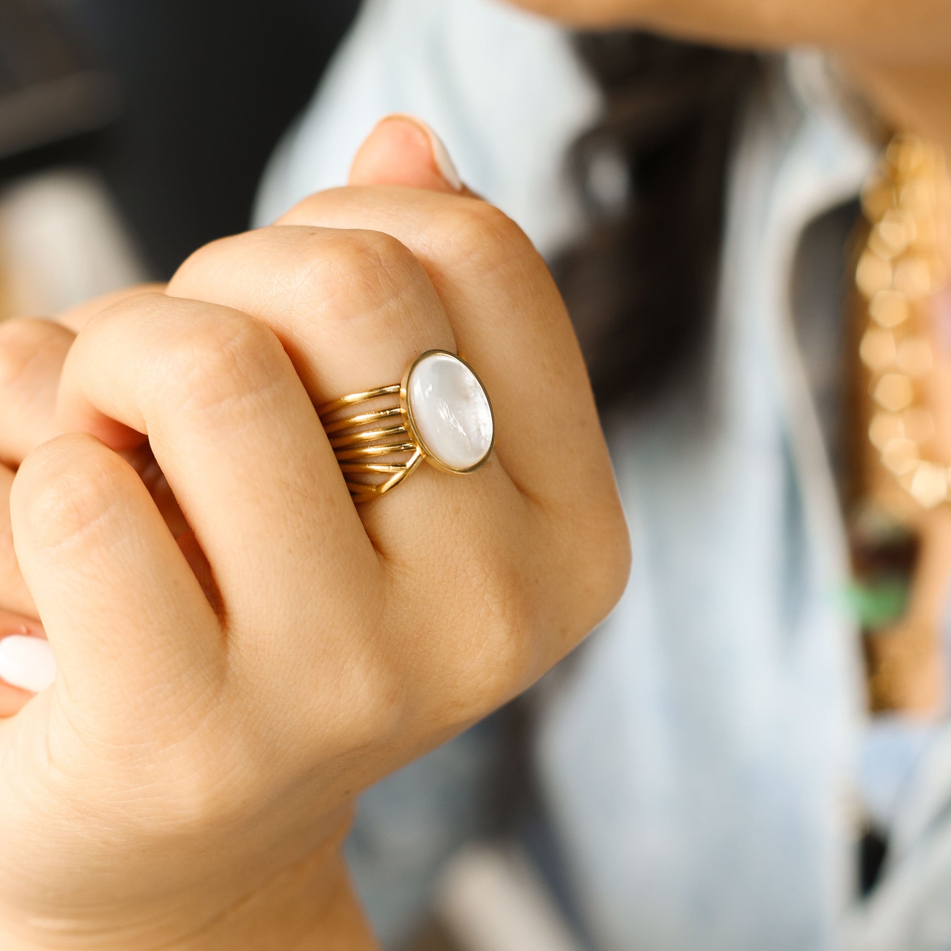 bague nacre vague bijou réglable inxydable