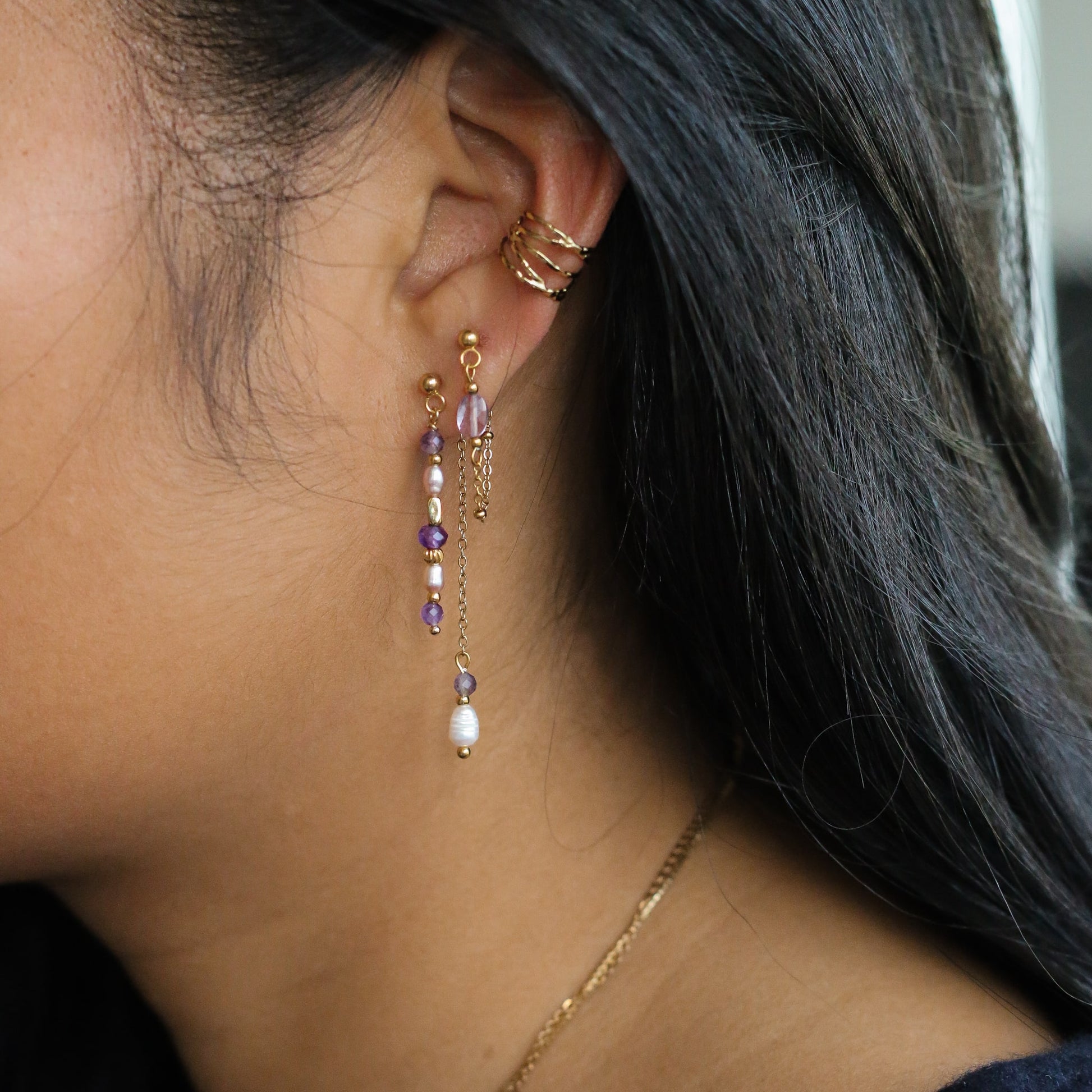 duo de boucles faites main en perles d'Améthyste et perles d'eau douce
