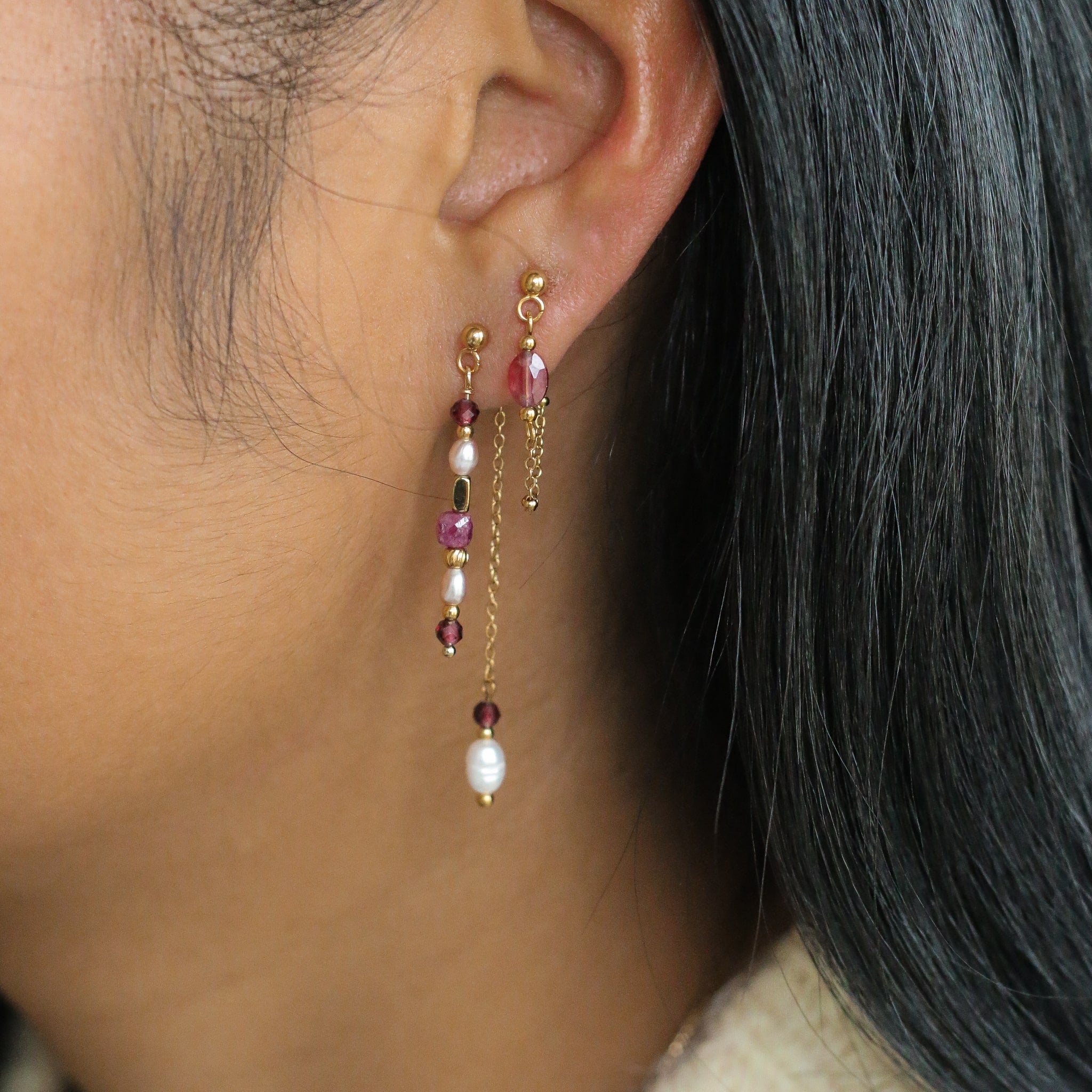 duo de boucles d'oreilles en Grenat et chaine dorée en acier inoxydable