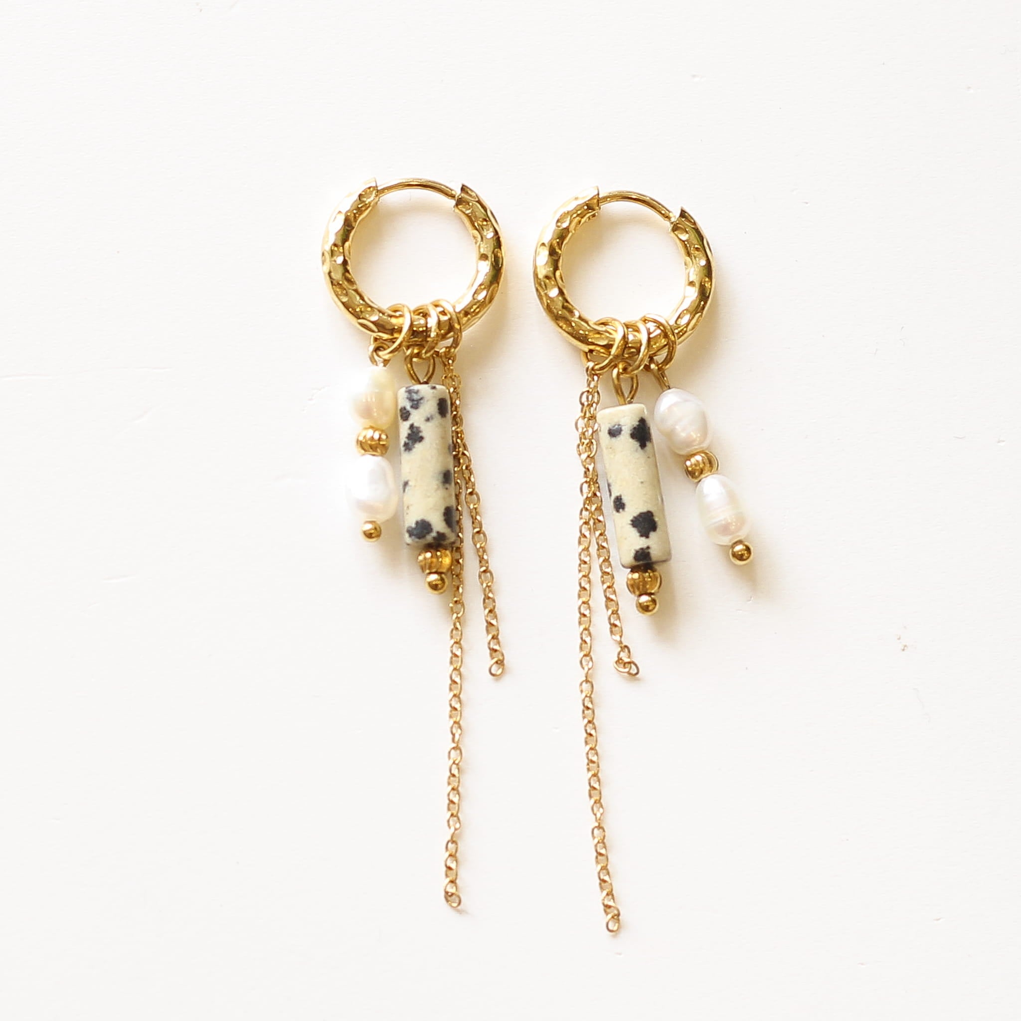 Boucles anneaux Jaspe Dalmatien et Perle d'eau douce, Mahny bijoux pierre fine.
