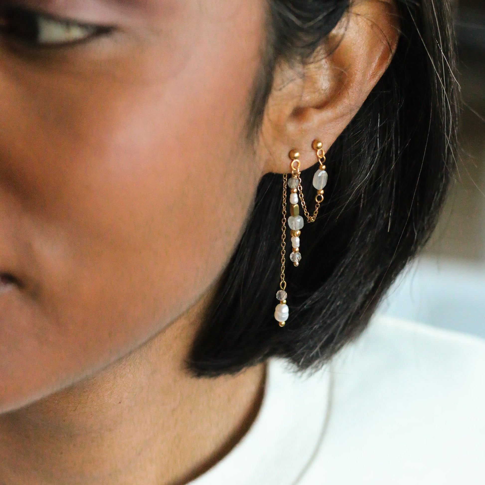 boucles d'oreilles en acier inoxydable avec des perles de Labradorite