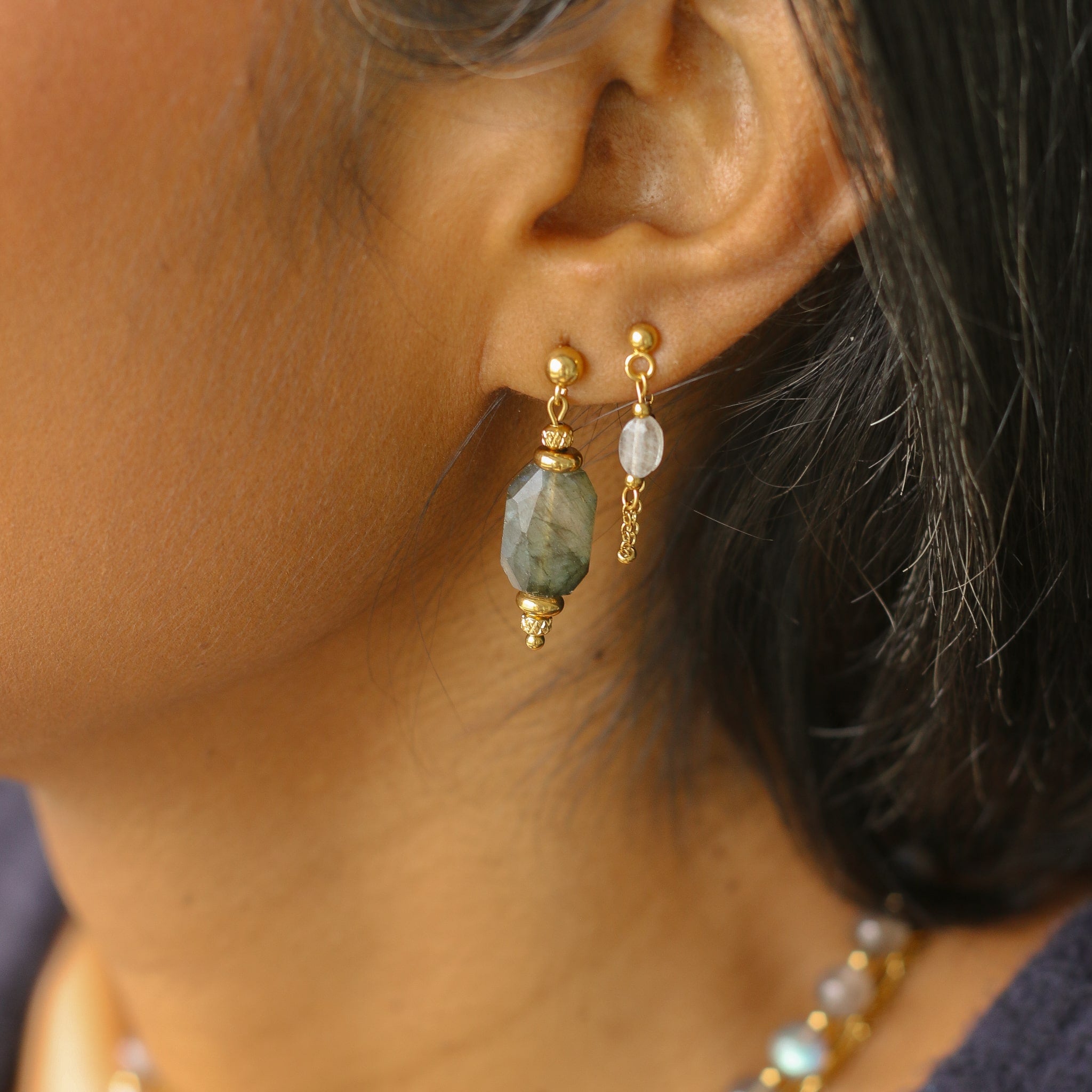 boucles d'oreilles pendantes en Labradorite taillée en rectangle