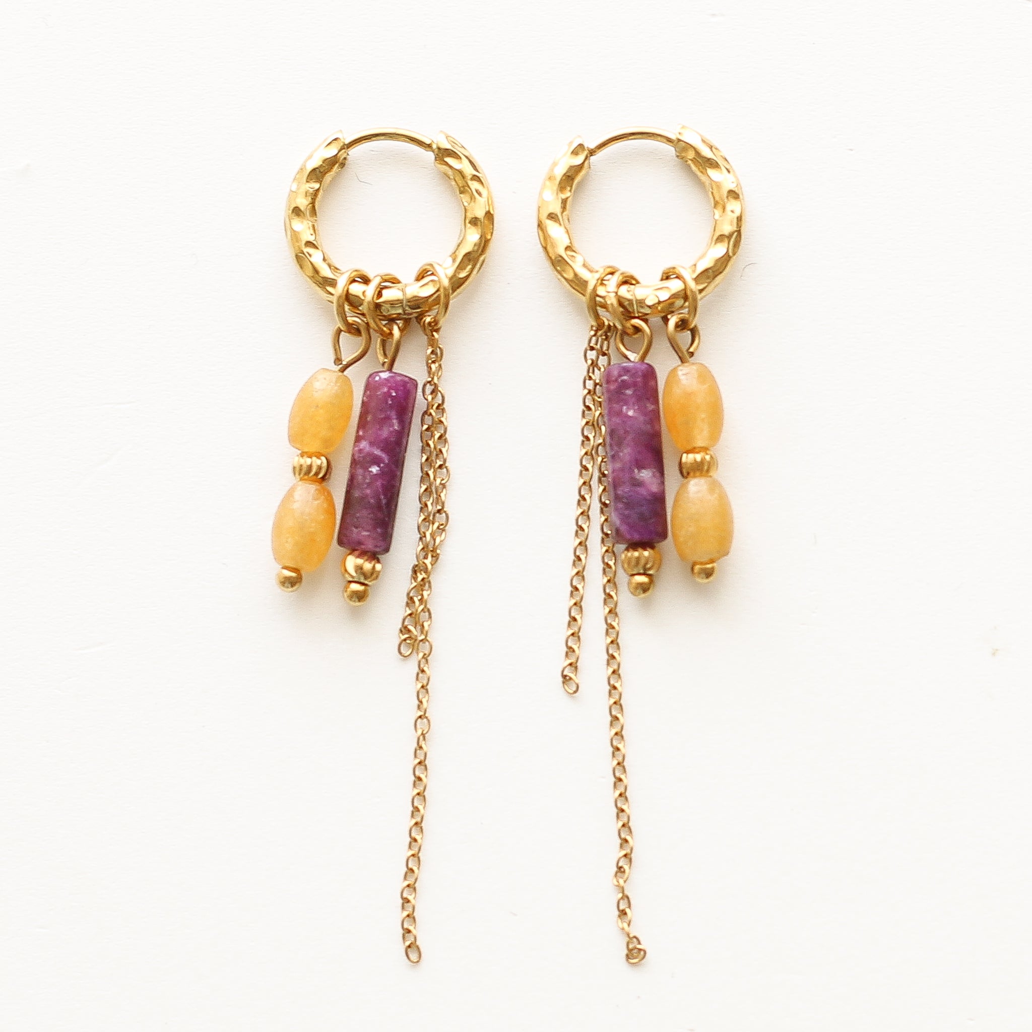 Boucles anneaux Lépidolite et Aventurine jaune, Mahny bijoux pierre fine.