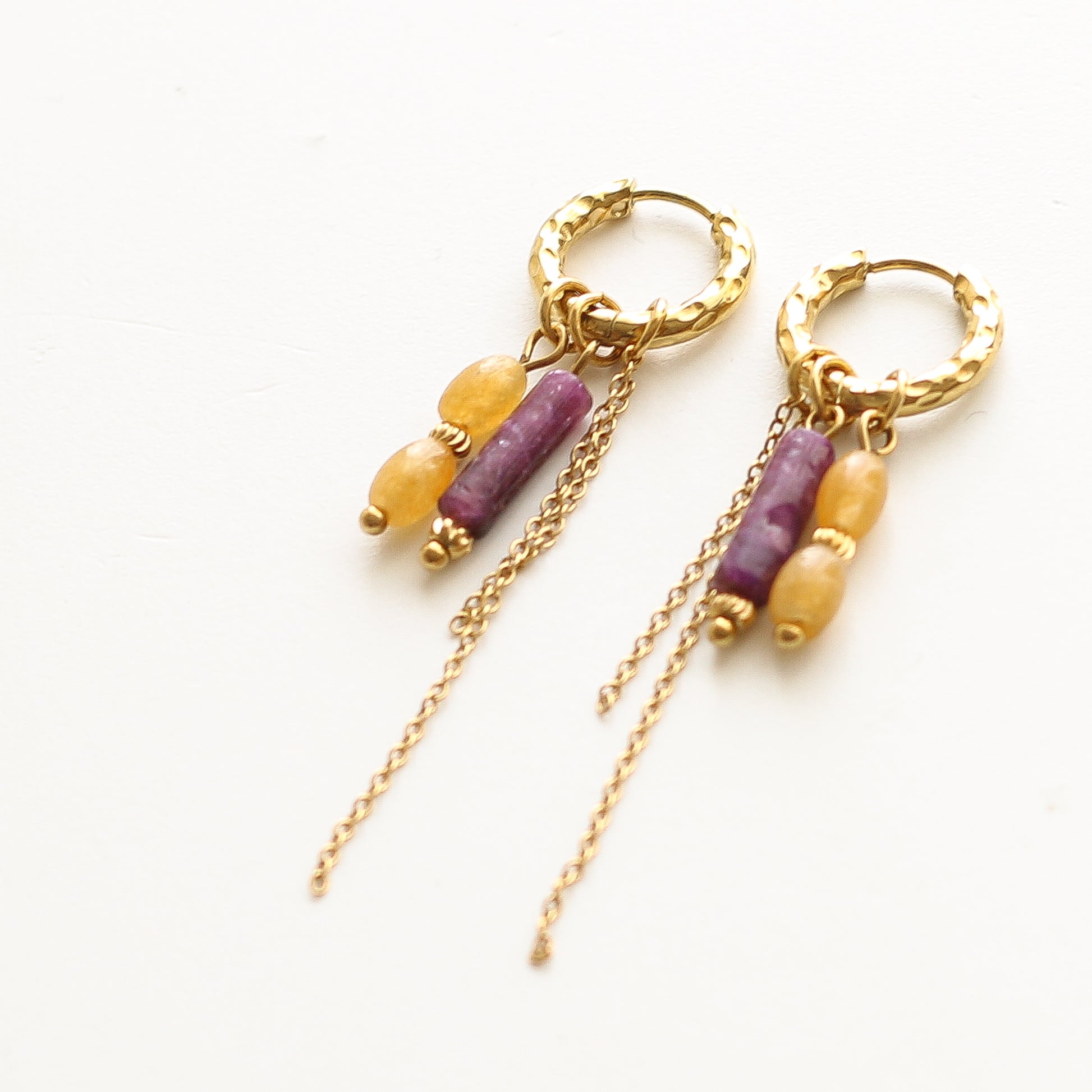Boucles anneaux Lépidolite et Aventurine jaune, vue alternative, création Mahny bijoux pierres semi-précieuses.