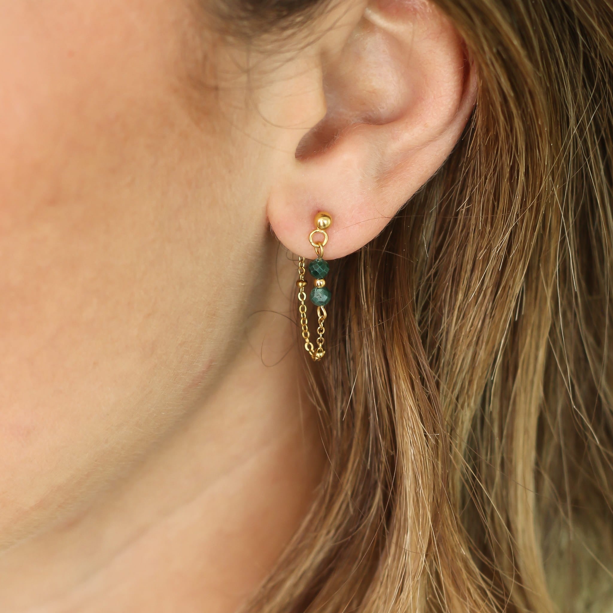 Boucles puce Malachite, vue rapprochée, Mahny bijoux pierres naturelles.
