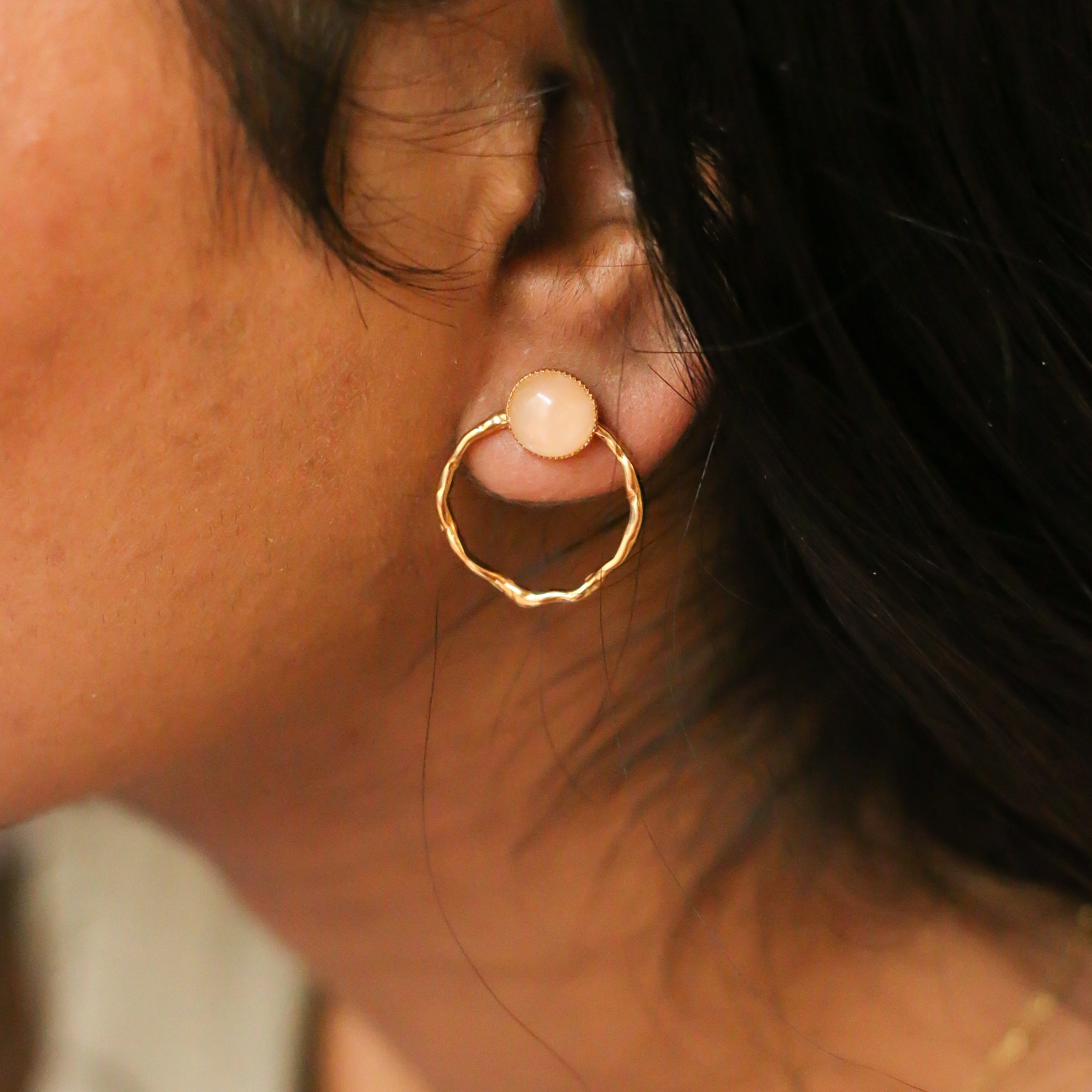 boucle anneau quartz rose pampille interchangeable