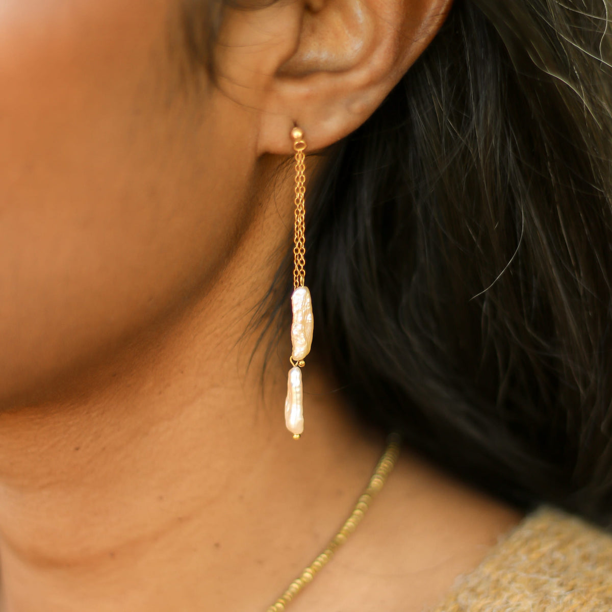 Boucles d'oreilles Perles orangées longues chaîne