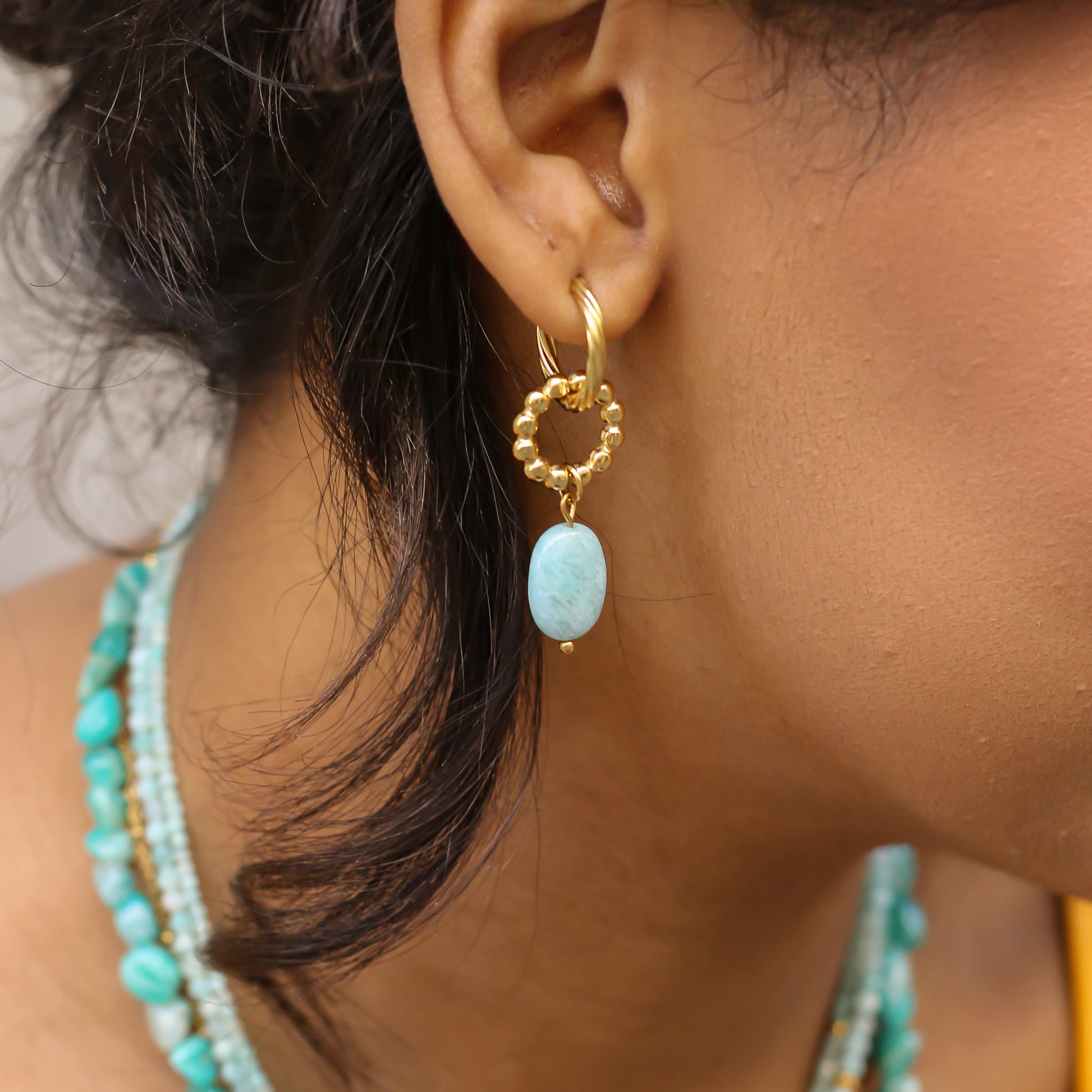 Boucles d'oreilles en amazonite, acier inoxydable doré.