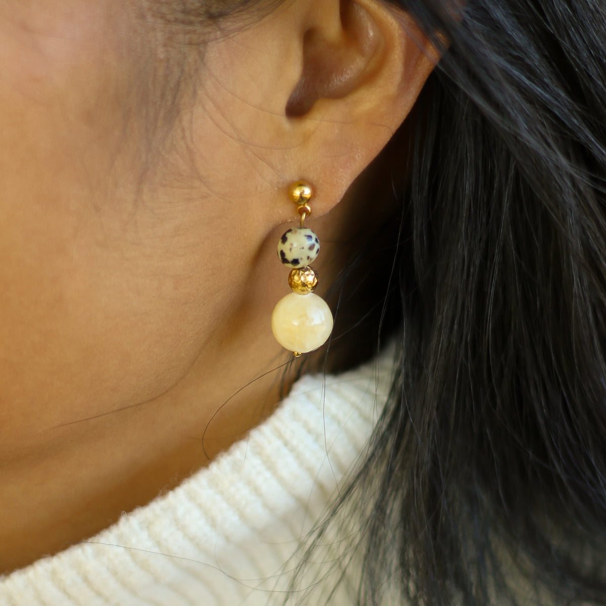 Boucles d'oreilles Calcédoine jaune et Jaspe dalmatien