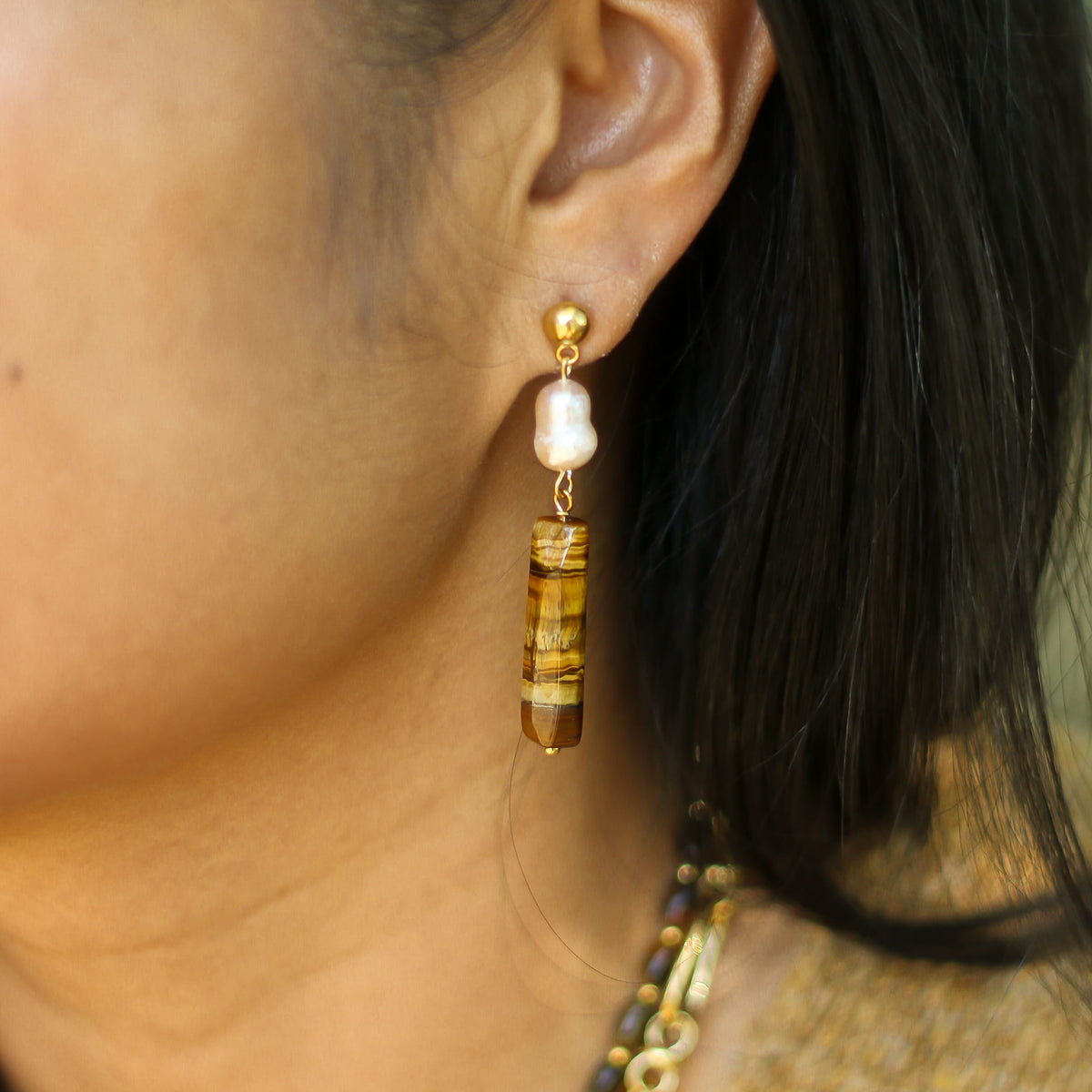 Boucles d'oreilles Œil de tigre et Perle orangée