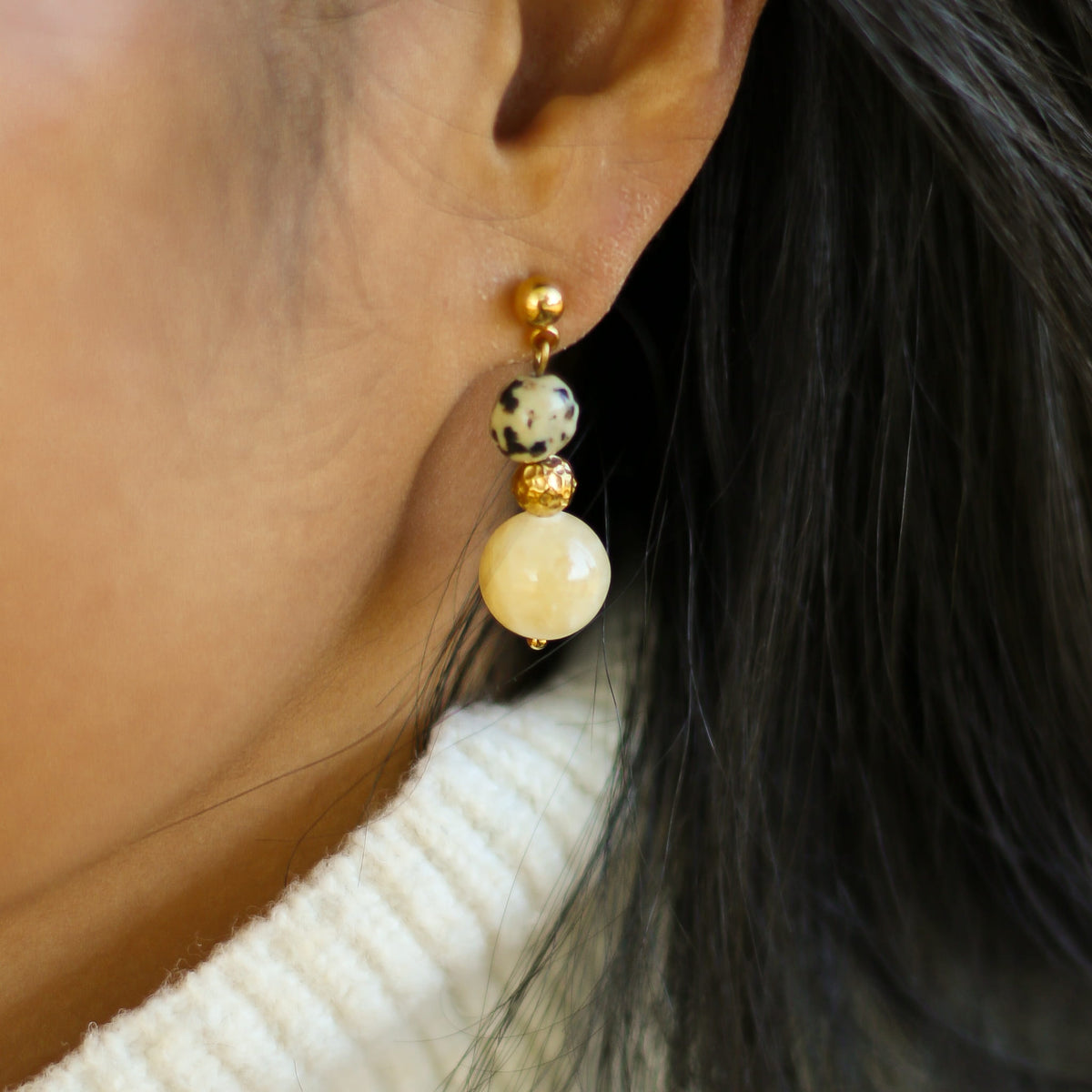 Boucles d'oreilles Calcédoine jaune et Jaspe dalmatien