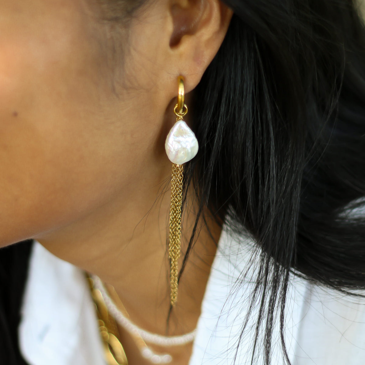 Boucles d'oreilles Perle baroque créole et chaînes